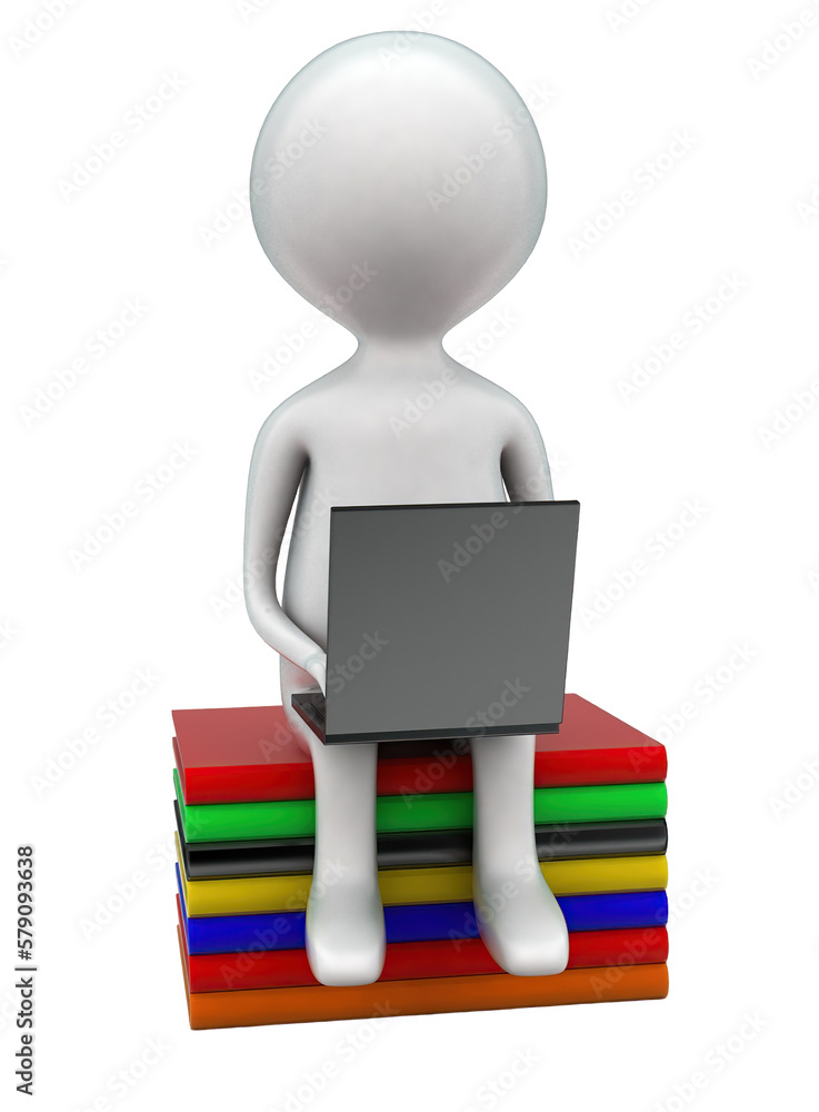 3d man using laptop while sitting on bunch of books concept 3d man using laptop while sitting on bunch of books concept