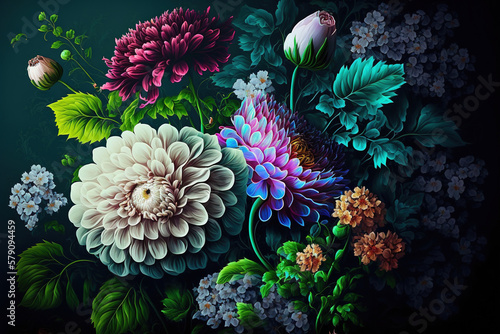 Colorful flowers wallpaper. AI 