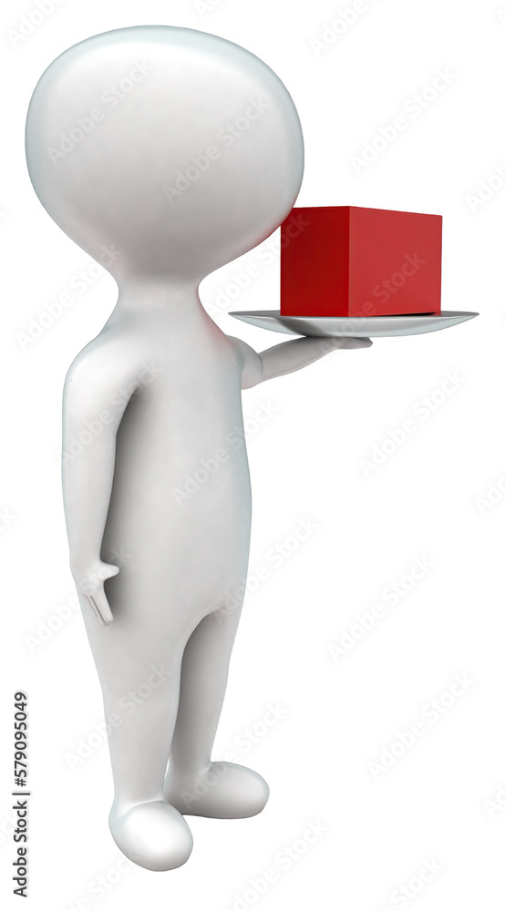 3d man holding a plate and presenting red box in it concept 3d man holding a plate and presenting red box in it concept