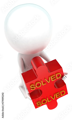 3d man holding puzzle in hands with solved text concept photo