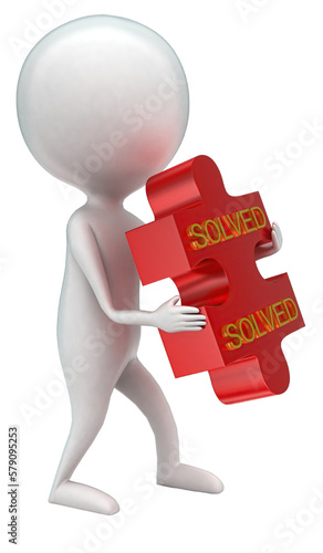 3d man holding puzzle in hands with solved text concept photo