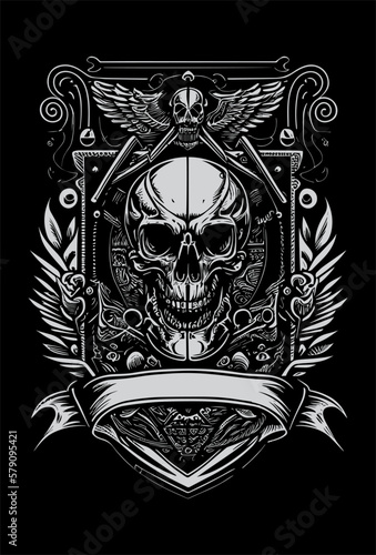 skull head heraldic banner black and white hand drawn illustration
