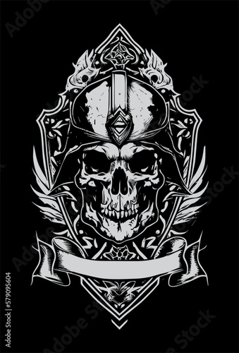 skull head heraldic banner black and white hand drawn illustration