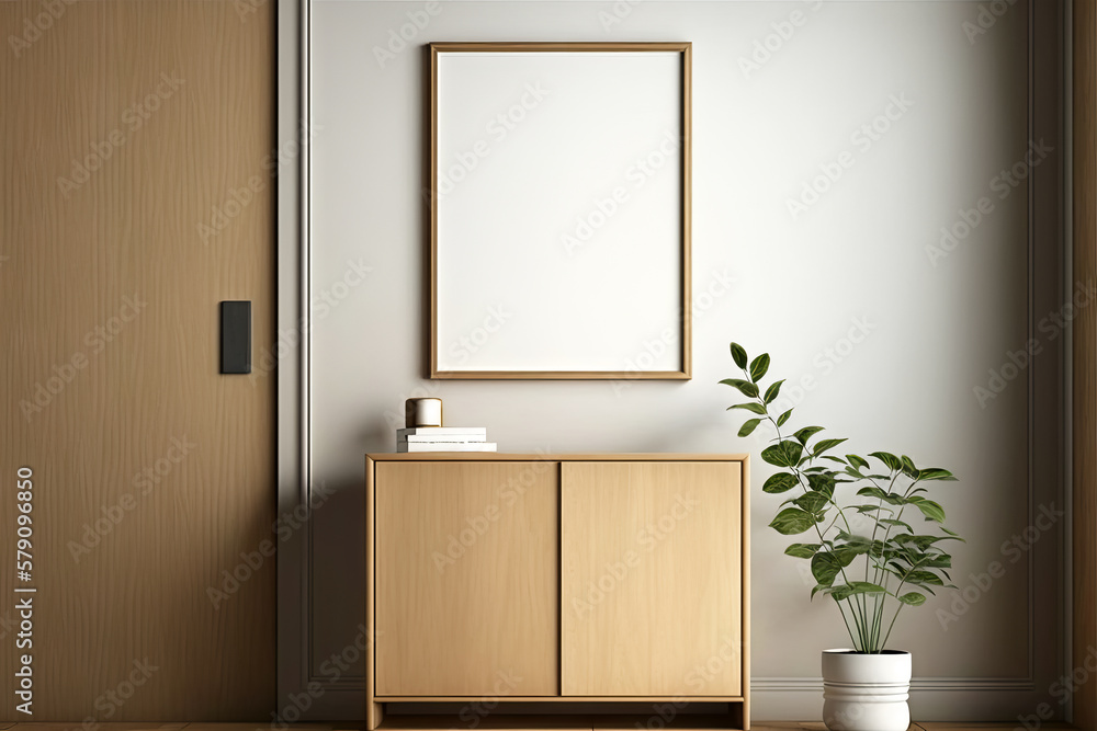 Mockup poster wood frame on the Japanese-style porch wall. Modern interior design, luxury apartment background in a minimalist style, generative ai Mockup poster wood frame on the Japanese-style porch wall. Modern interior design, luxury apartment background in a minimalist style, generative ai