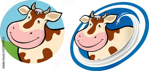 cartoon smiling cow with milk splash background	
