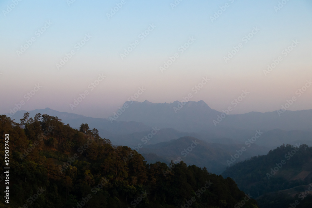 Morning sunrise on the mountain Doi Luang Chiang Dao, take a picture from Hadubi view point of Chiang Mai, Thailand. 