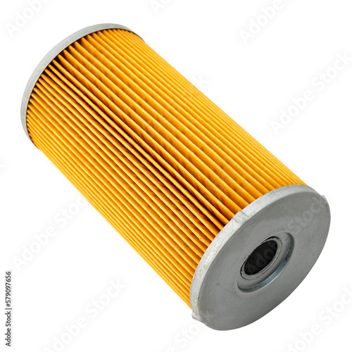 Yellow oil filter for cars on a transparent background. The concept of new spare parts for the internal combustion engine. Close-up