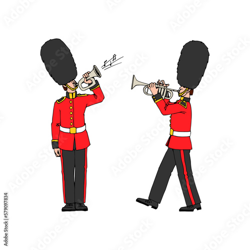 A royal trumpeter and bugler wearing a bearskin hat. Festive military band. Color vector illustration with black contour lines isolated on a white background in a cartoon style. photo