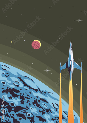 Retro Future Fantastic Universe Poster. 1950-1960s Comic Book Style Space Landscape