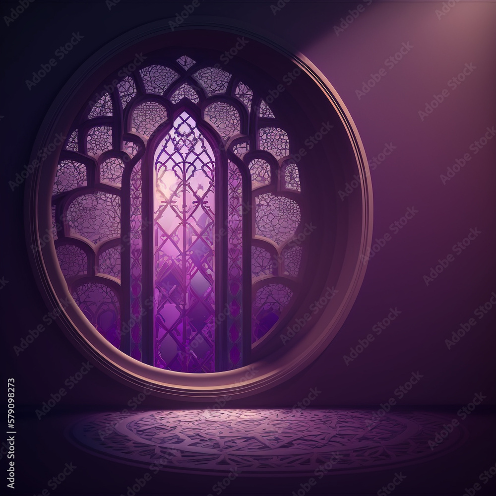 Ramadan Kareem greeting background light purple mosque window , Generative Ai