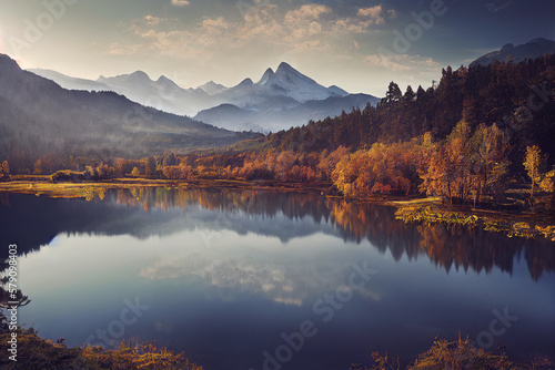 Generative AI image of a breathtaking alpine forest reflecting in a still lake during autumn season