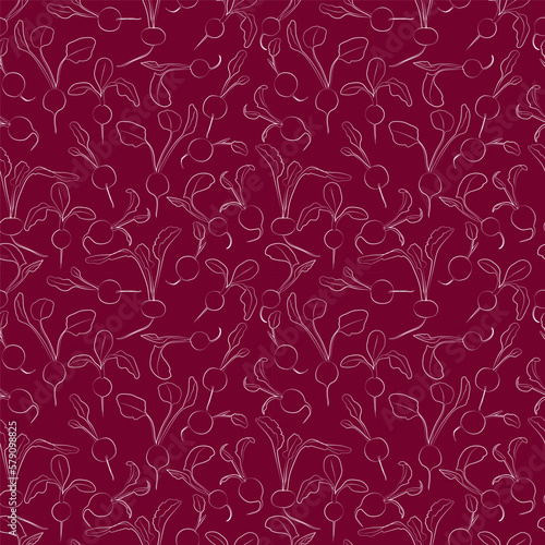A set of seamless patterns of radishes. Line drawing. linear, outline only 1000x1000, vector graphics.