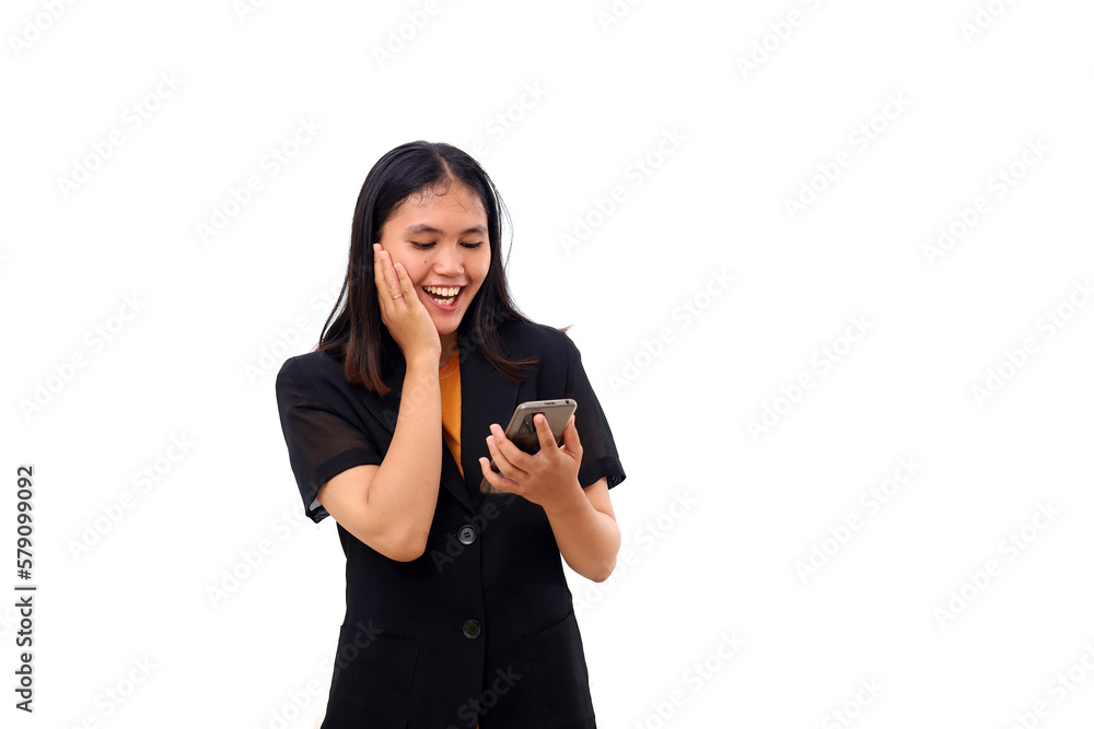 Surprised young asian business woman standing while getting a good news from her phone. Isolated Surprised young asian business woman standing while getting a good news from her phone. Isolated