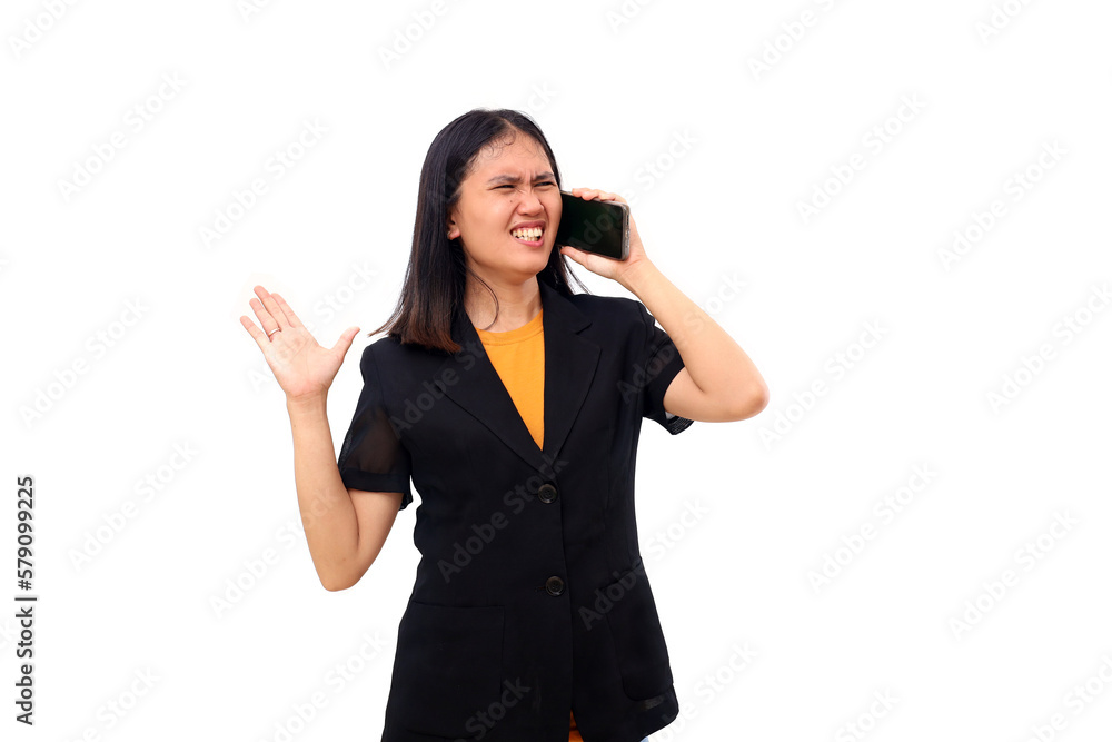 Young asian business woman feels angry with something on the phone. Isolated on white background Young asian business woman feels angry with something on the phone. Isolated on white background