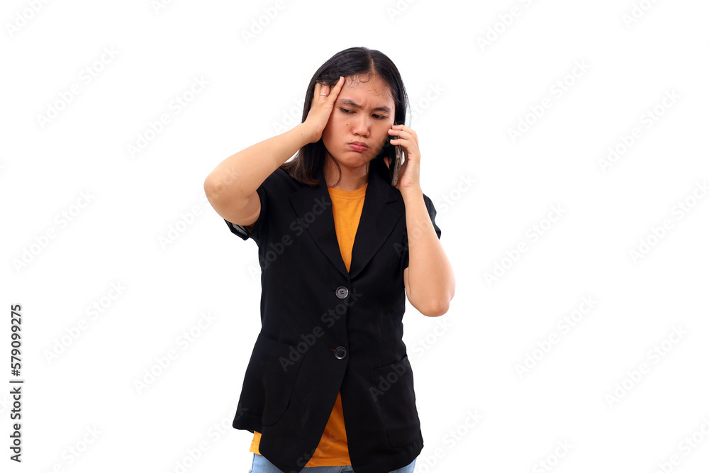 Stressed young asian business woman standing while talking on the phone. Isolated on white Stressed young asian business woman standing while talking on the phone. Isolated on white