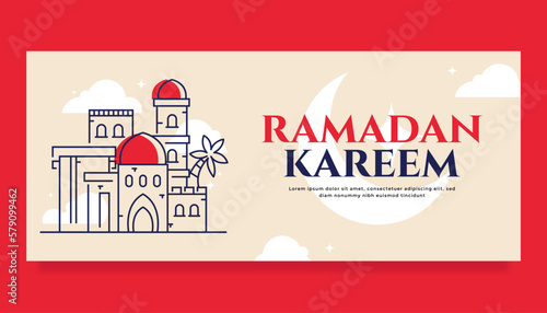 Unique Horizontal Ramadan Kareem Banner with mosque illustration