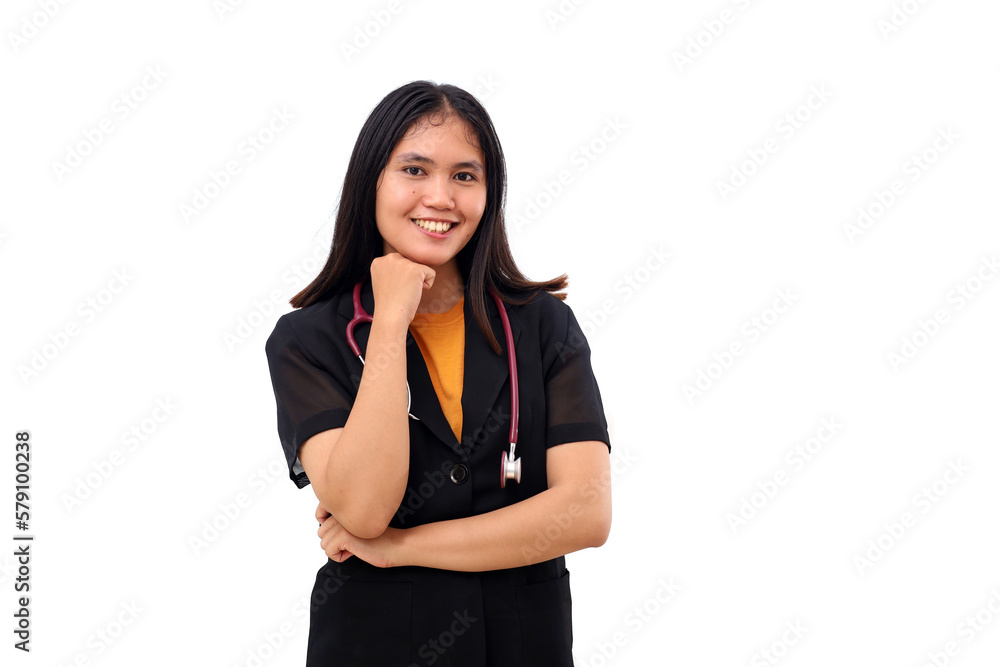 Happy Young asian doctor standing while draping a stethoscope. Isolated on white background Happy Young asian doctor standing while draping a stethoscope. Isolated on white background