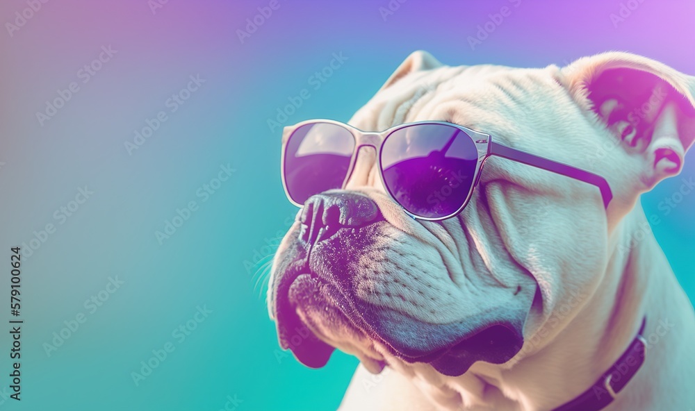 a dog wearing sunglasses and a collar on a blue and pink background ...