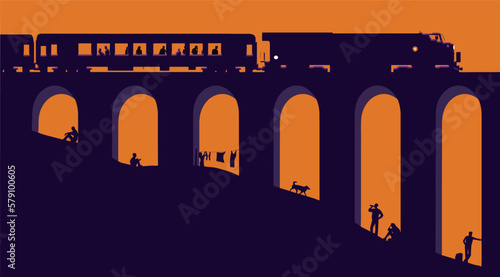 A passenger train full of comfortable people passes above a gathering of homeless people camping under the bridge in a vector illustration.