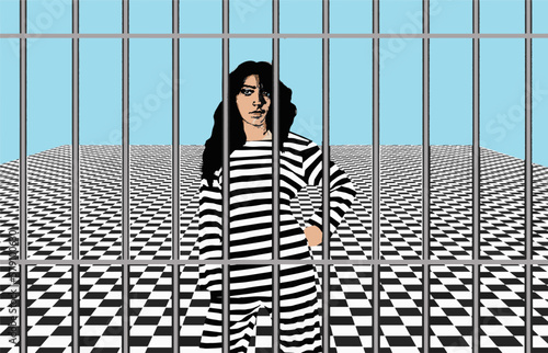 A woman is seen in jail behind bars and wearing a striped convict suit and standing on a black and white checkered floor. This is a vector illustration.