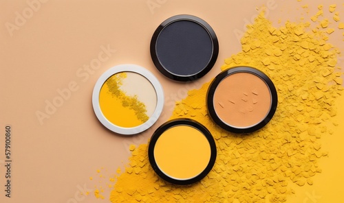  three different colors of makeup on a yellow and pink background with a small bowl of yellow powder next to one of the three colors of the powder. generative ai