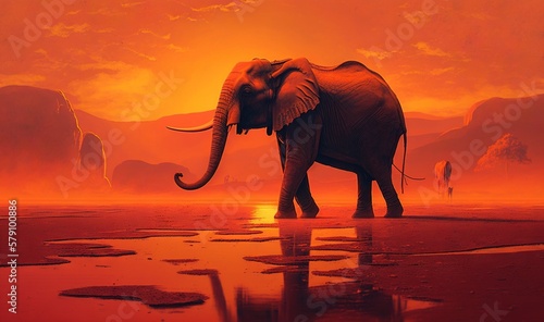  an elephant standing on a wet surface in front of an orange sky with clouds and mountains in the background, with a bright orange sky and red hued background. generative ai