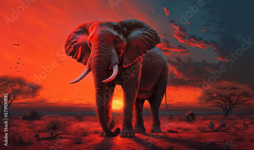  a painting of an elephant standing in a field at sunset with a red sky in the background and birds in the foreground, and a red sky with a few clouds. generative ai