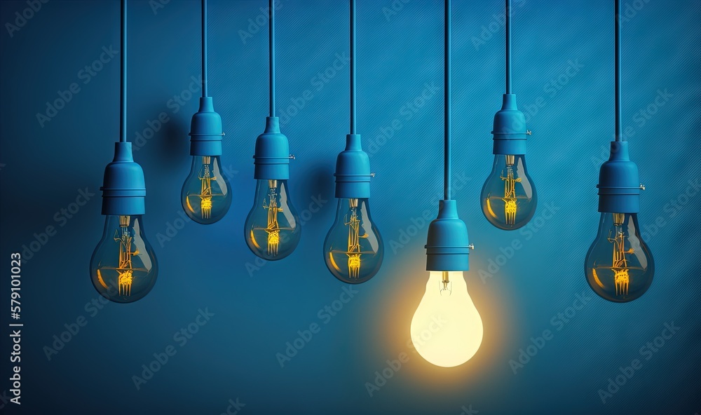 a group of light bulbs hanging from a blue wall with a light bulb in the middle of the group and a light bulb in the middle of the group. generative ai a group of light bulbs hanging from a blue wall with a light bulb in the middle of the group and a light bulb in the middle of the group. generative ai