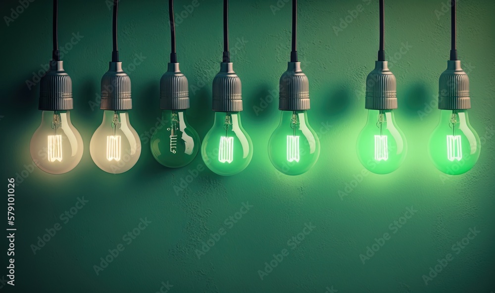 a row of light bulbs hanging from a green wall with a green glow behind them and a green wall behind them with a green glow. generative ai a row of light bulbs hanging from a green wall with a green glow behind them and a green wall behind them with a green glow. generative ai