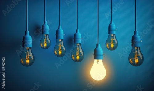  a group of light bulbs hanging from a blue wall with a light bulb in the middle of the group and a light bulb in the middle of the group. generative ai