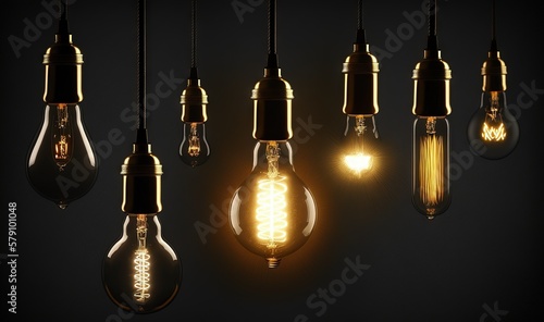  a group of light bulbs hanging from a ceiling in a dark room with one light on and the other on a wire with a light bulb on. generative ai