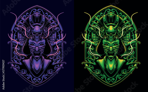 Vector set bundle of a Japanese geisha illustration with classic ornament background