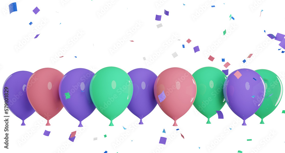 3d render of balloons with confetti flying isolated.