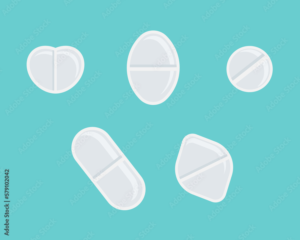 Pill set flat icon isolated on a blue background. Medicines of different forms. Vector illustration. Hospital, prescription of medicines