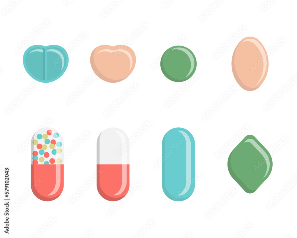 Set of pill flat icon isolated on white background. Medicines of different shapes and colors. Vector illustration. Hospital, prescription of medicines
