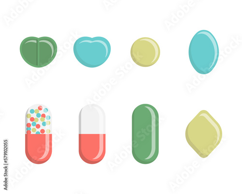 Set of pill flat icon isolated on white background. Medicines of different shapes and colors. Vector illustration. Hospital, prescription of medicines