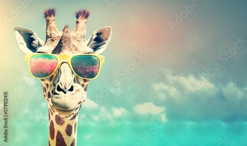  a giraffe with sunglasses on its head and a cloudy sky in the background with a blue sky and white clouds in the background.  generative ai