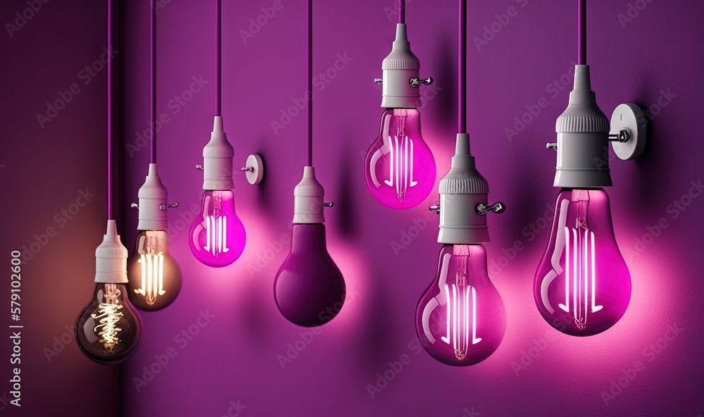 a group of light bulbs hanging from a purple wall with a purple background and a purple wall with a purple wall and a purple wall with a purple wall. generative ai a group of light bulbs hanging from a purple wall with a purple background and a purple wall with a purple wall and a purple wall with a purple wall. generative ai