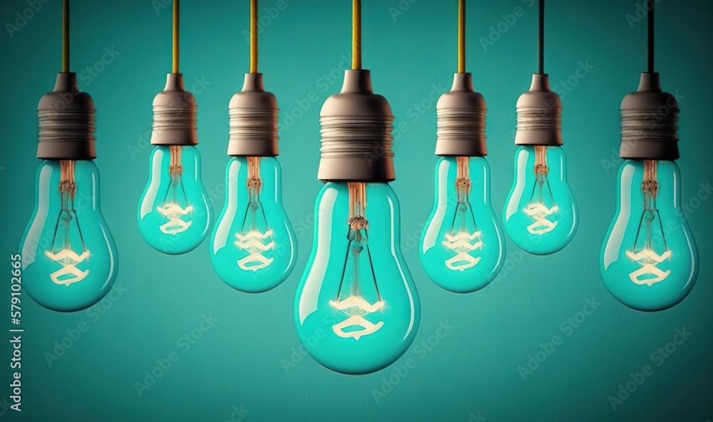 a group of light bulbs with a dollar sign inside of them hanging from a line on a blue background with a green wall in the background. generative ai a group of light bulbs with a dollar sign inside of them hanging from a line on a blue background with a green wall in the background. generative ai