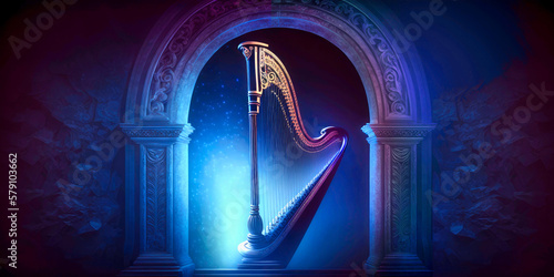 Leinwand Poster Illumined harp in a festive ambient