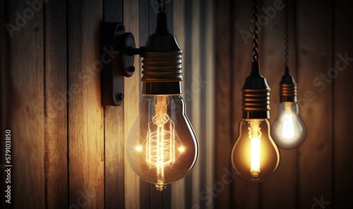  a group of light bulbs hanging from a wall next to a wall light bulb on a wooden wall with a light bulb on the side of the wall. generative ai