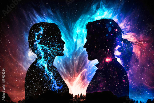 Man and woman silhouettes at abstract cosmic background. Human souls couple in love. Astral body, esoteric and spiritual life concept. Generative AI