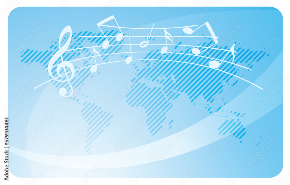 light blue vector card with curved music notes and abstract world map light blue vector card with curved music notes and abstract world map