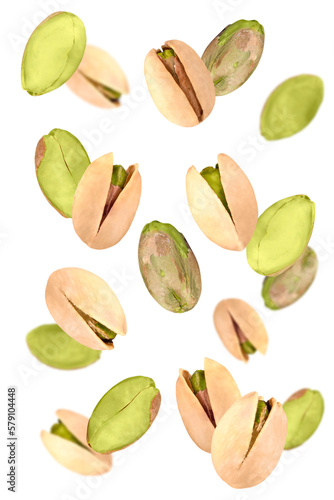 Levitation of pistachios isolated on a transparent background.