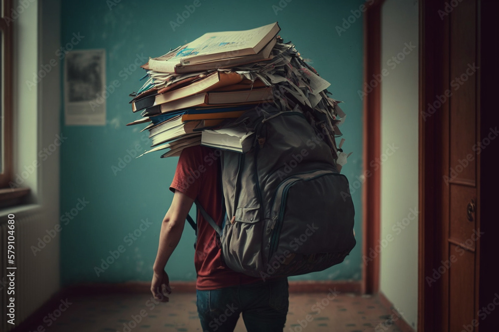 Student carrying heavy backpack with textbooks, created by a neural