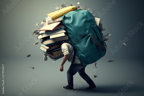 Student carrying heavy backpack with textbooks, created by a neural network, Generative AI technology photo