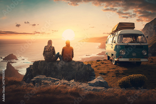 ven life, A young couple is sitting on a hill above the sea next to a minivan, created by a neural network, Generative AI technology photo
