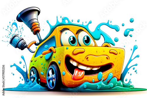 Illlustration of an automobile cleaning in car wash. Character of a funny vehicle with a smile during a car wash. Generative AI photo