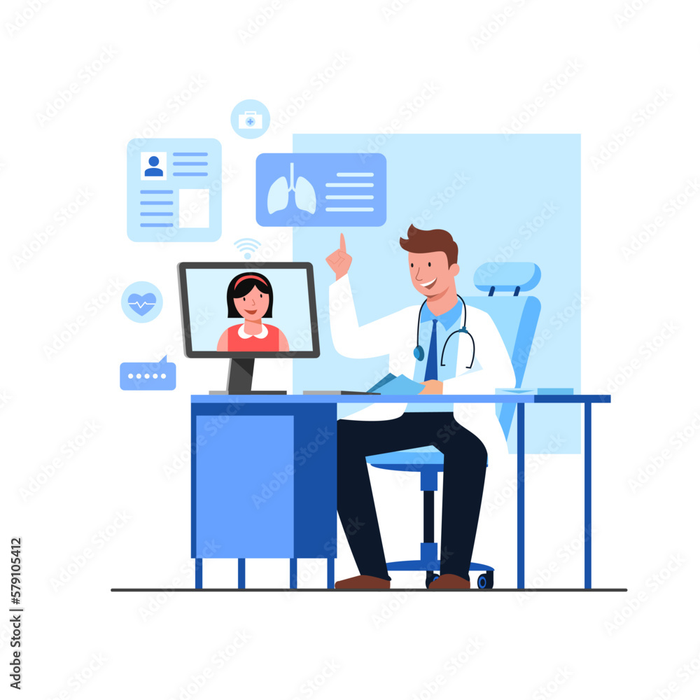 Male doctor consults patient online from computer and consultation for treatment. Male doctor consults patient online from computer and consultation for treatment.