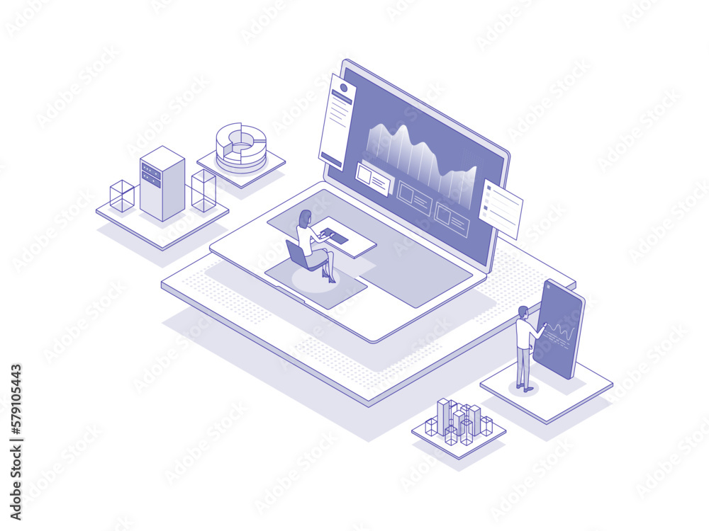 Product analytics Isometric Illustration Lineal Color. Suitable for Mobile App, Website, Banner, Diagrams, Presentation, and Other Graphic Assets.